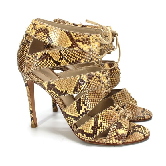 Gianvito Rossi Python Sandals Cut Out Leather Lace Tie Ankle Stiletto Heel 37 - Picture 1 of 8